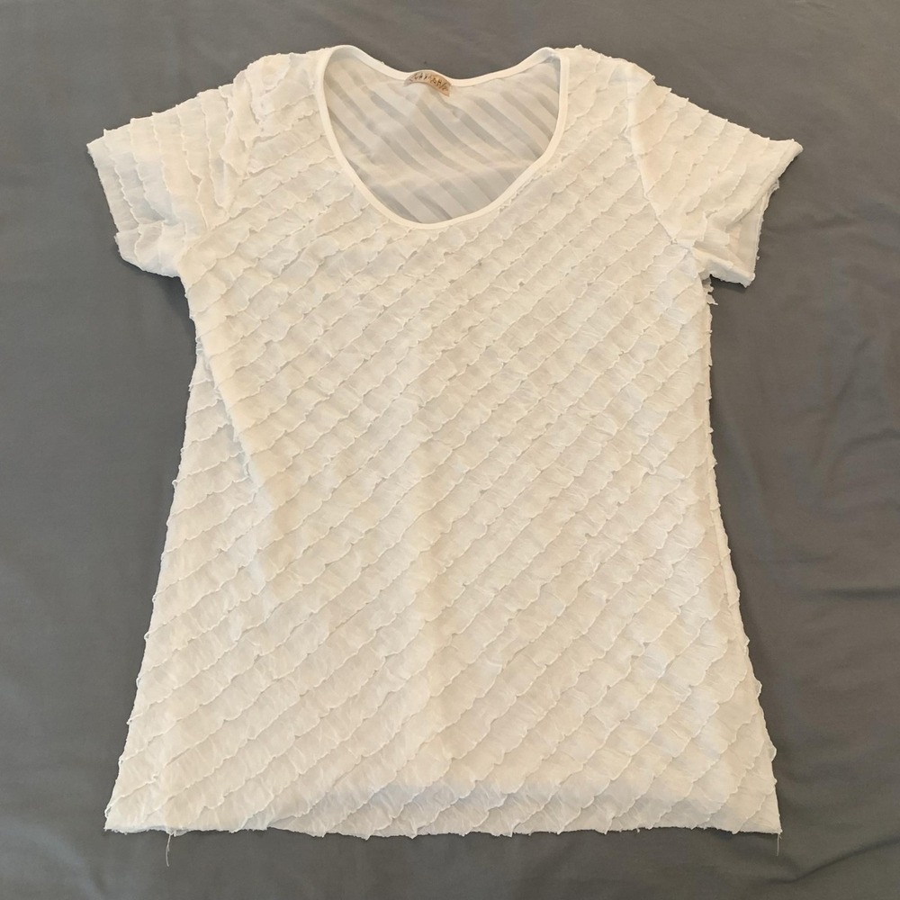 Lavish Shirt Womens XL White Chiffon Ruffle Short Sleeve Scoop Neck Tunic Top